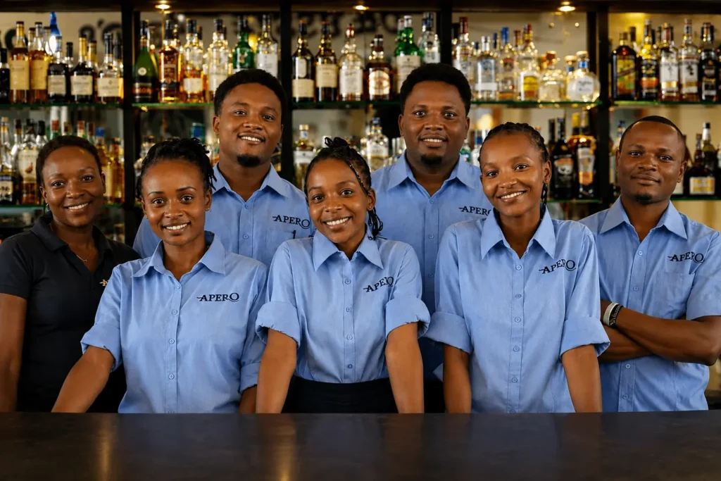 APÉRO Restaurant Bar Team Diani Beach Kenya – professionelle Barkeeper hinter moderner Cocktailbar